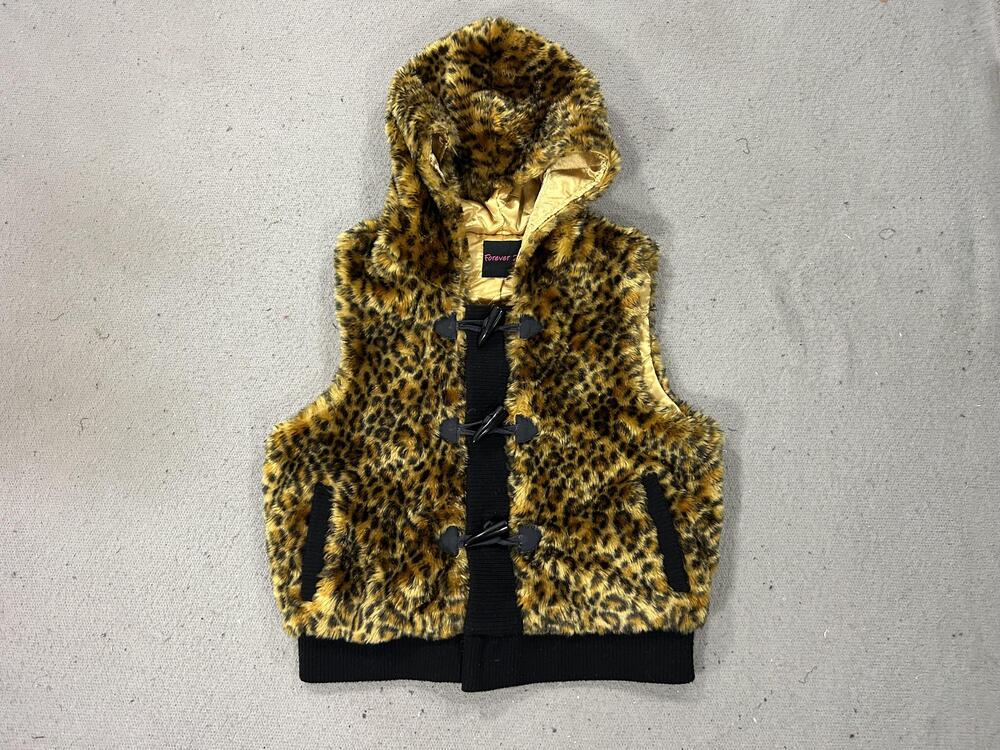 Forever 21 Faux Fur Leopard Hooded Vest Womens Small Y2K Brats Coquette Horn Emo